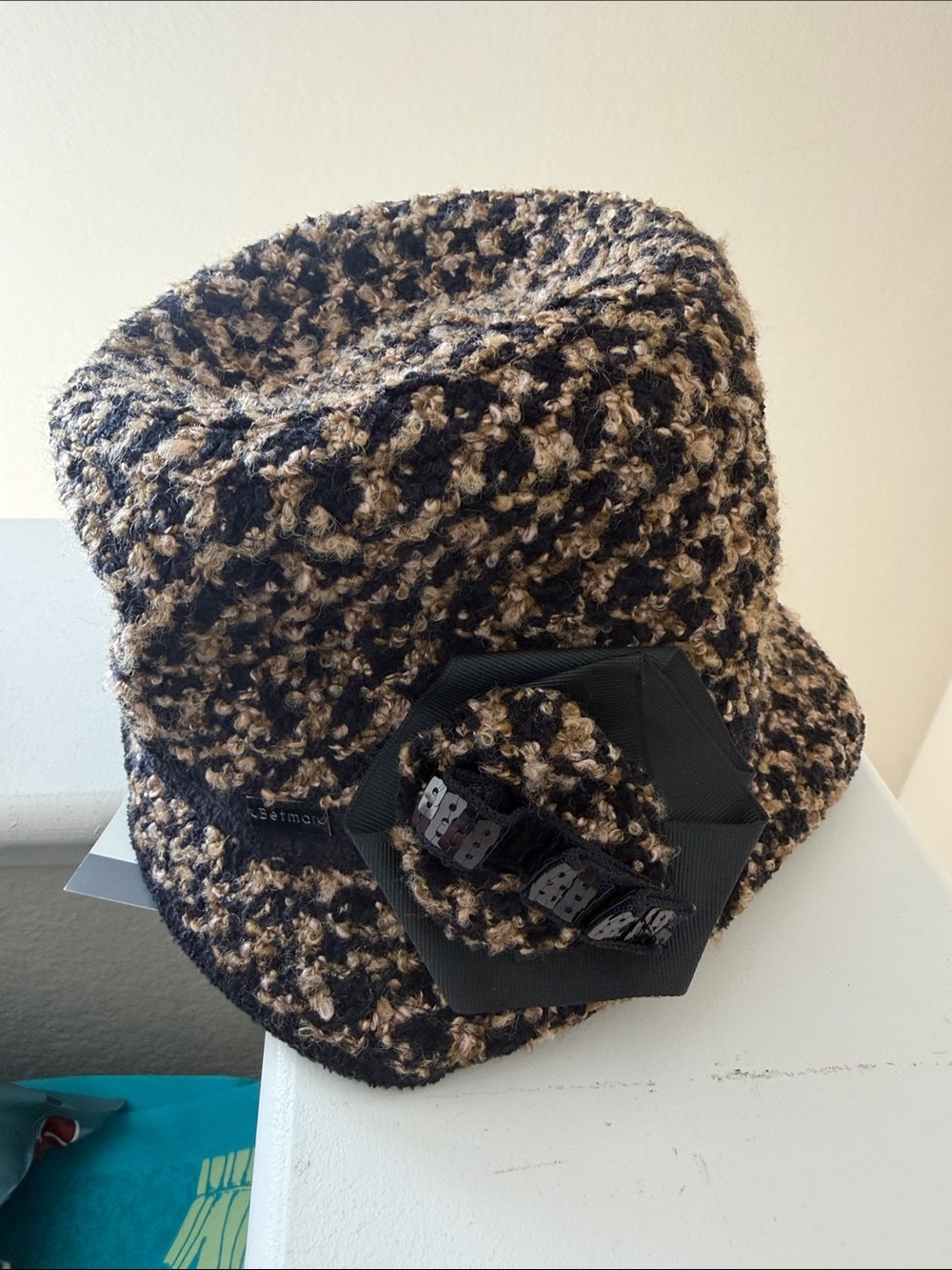 betmar Black and Tan Bouclé Cloche Hat with Rosette